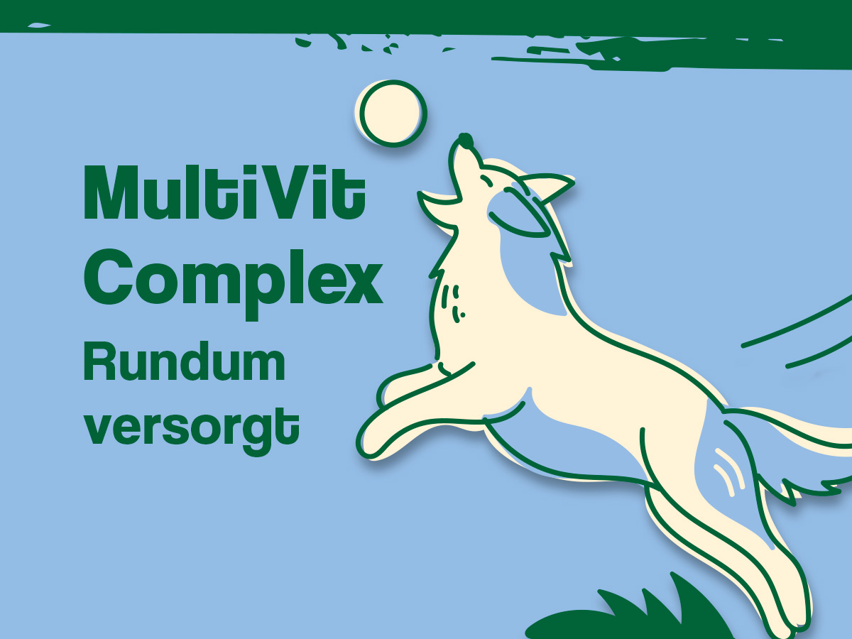 MultiVit Complex von ida+ für die rundum Versorgung. Es ist außerdem ein gezeichneter Hund abgebildet.